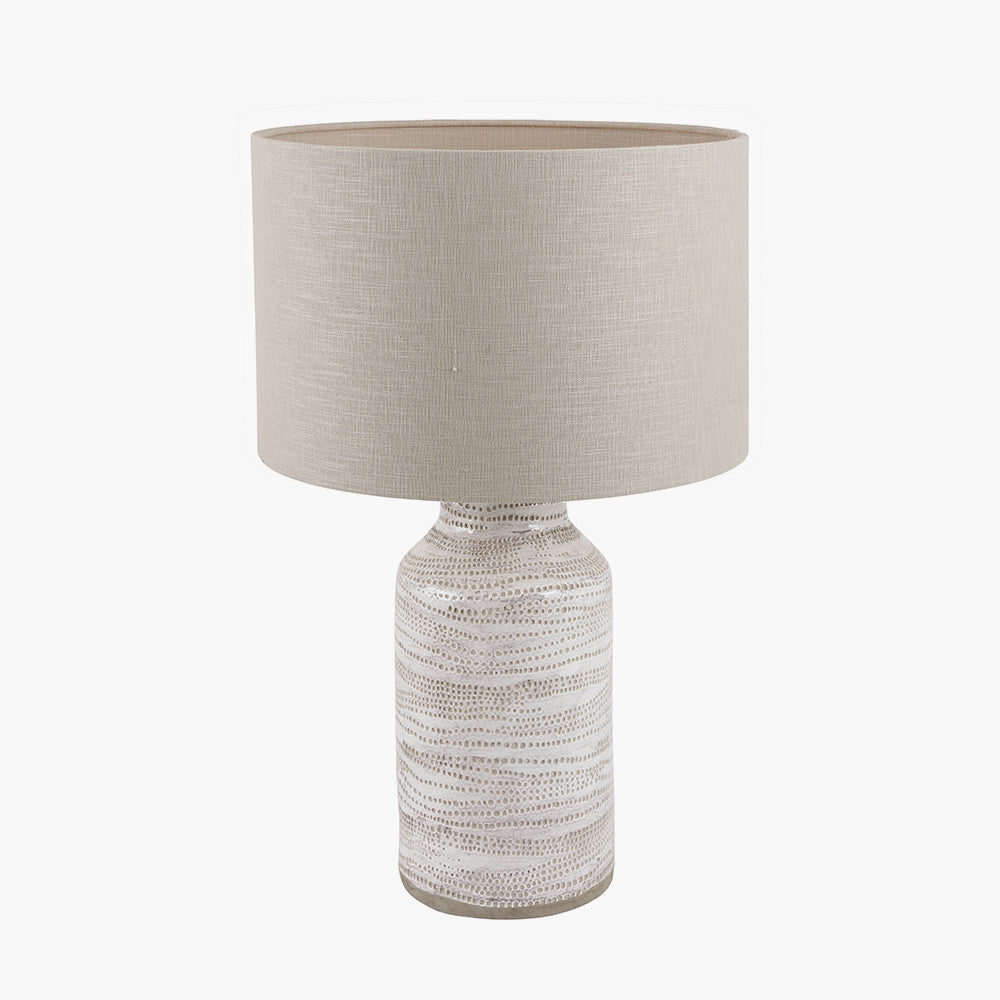 Alina White Dot Design Stoneware Table Lamp Base with Lino 30cm Grey Self Lined Linen Cylinder Lampshade