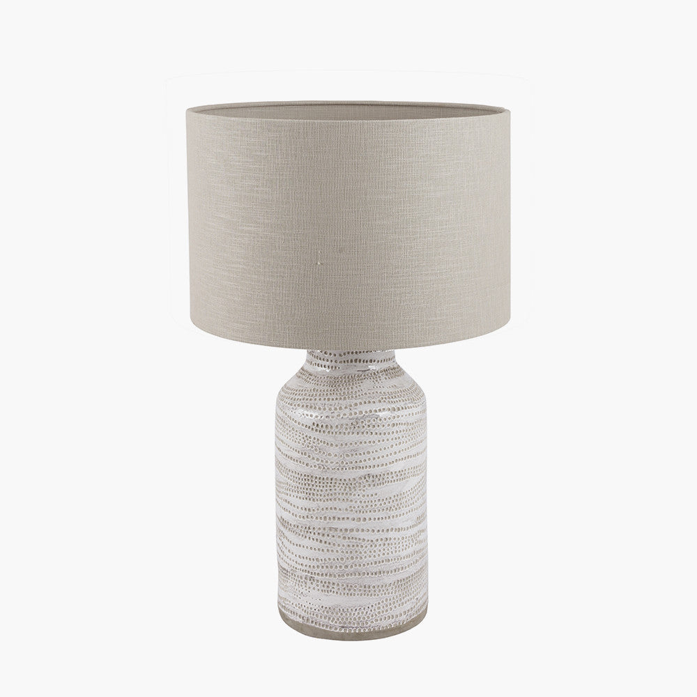 Alina White Dot Design Stoneware Table Lamp Base with Lino 30cm Grey Self Lined Linen Cylinder Lampshade