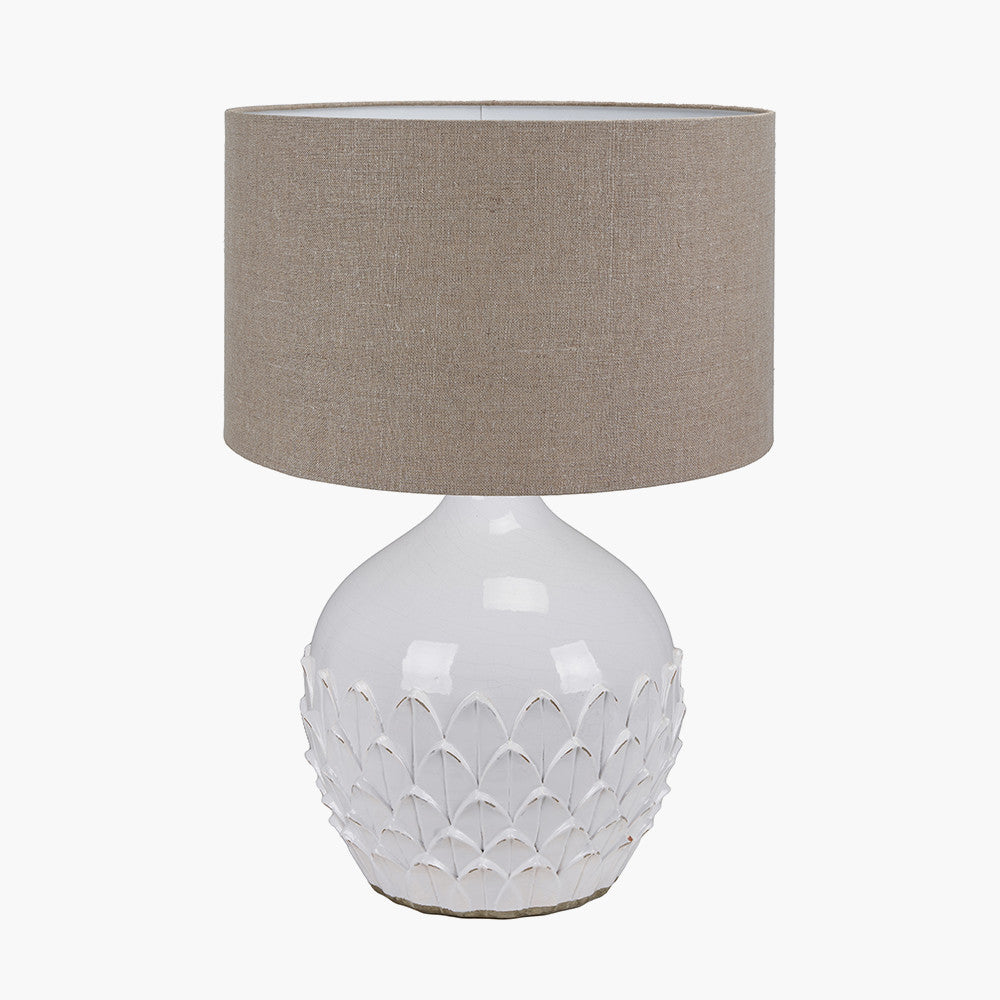 Willow White Leaf Detail Stoneware Table Lamp Base with Edward 40cm Natural Linen Cylinder Lampshade