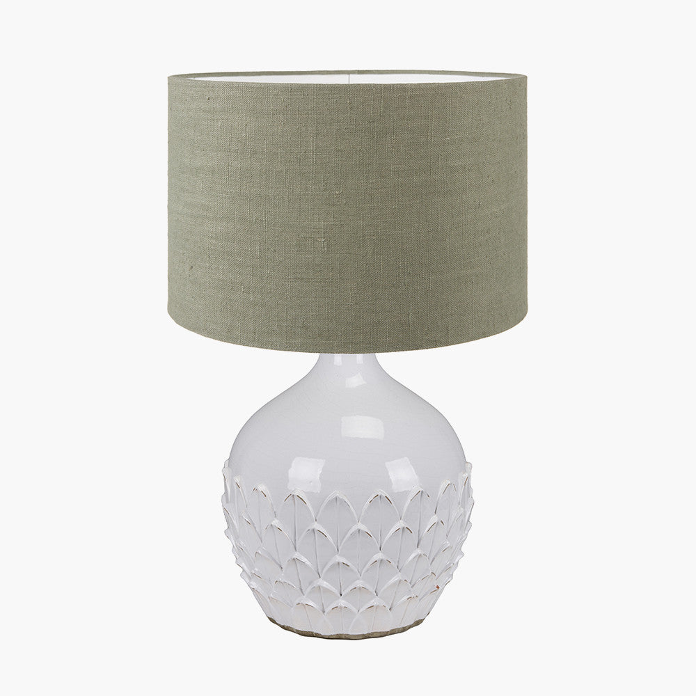 Willow White Leaf Detail Stoneware Table Lamp Base with Edward 40cm Pistachio Green Linen Cylinder Lampshade