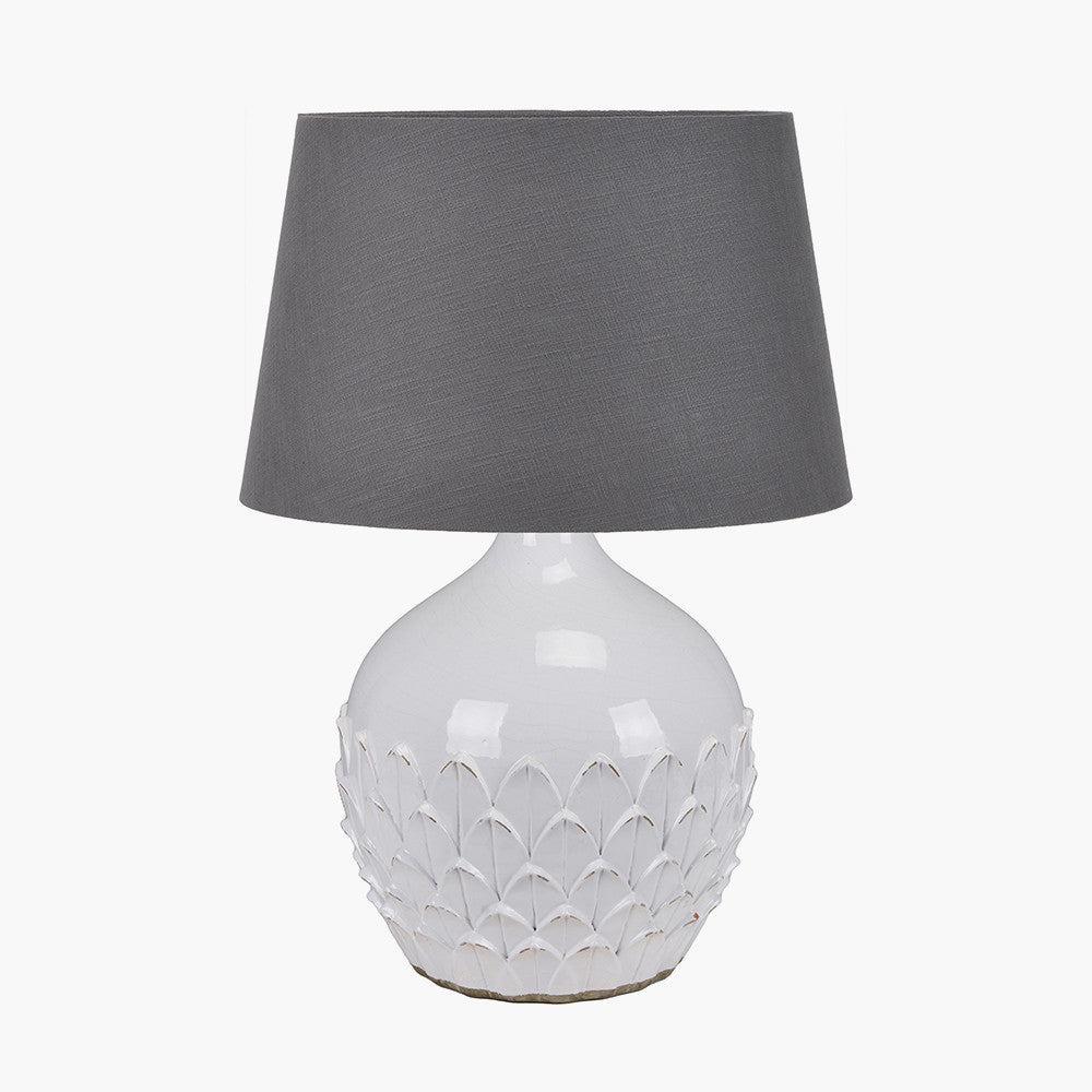 Willow White Leaf Detail Stoneware Table Lamp Base with Lys 40cm Steel Grey Self Lined Linen Tapered Lampshade