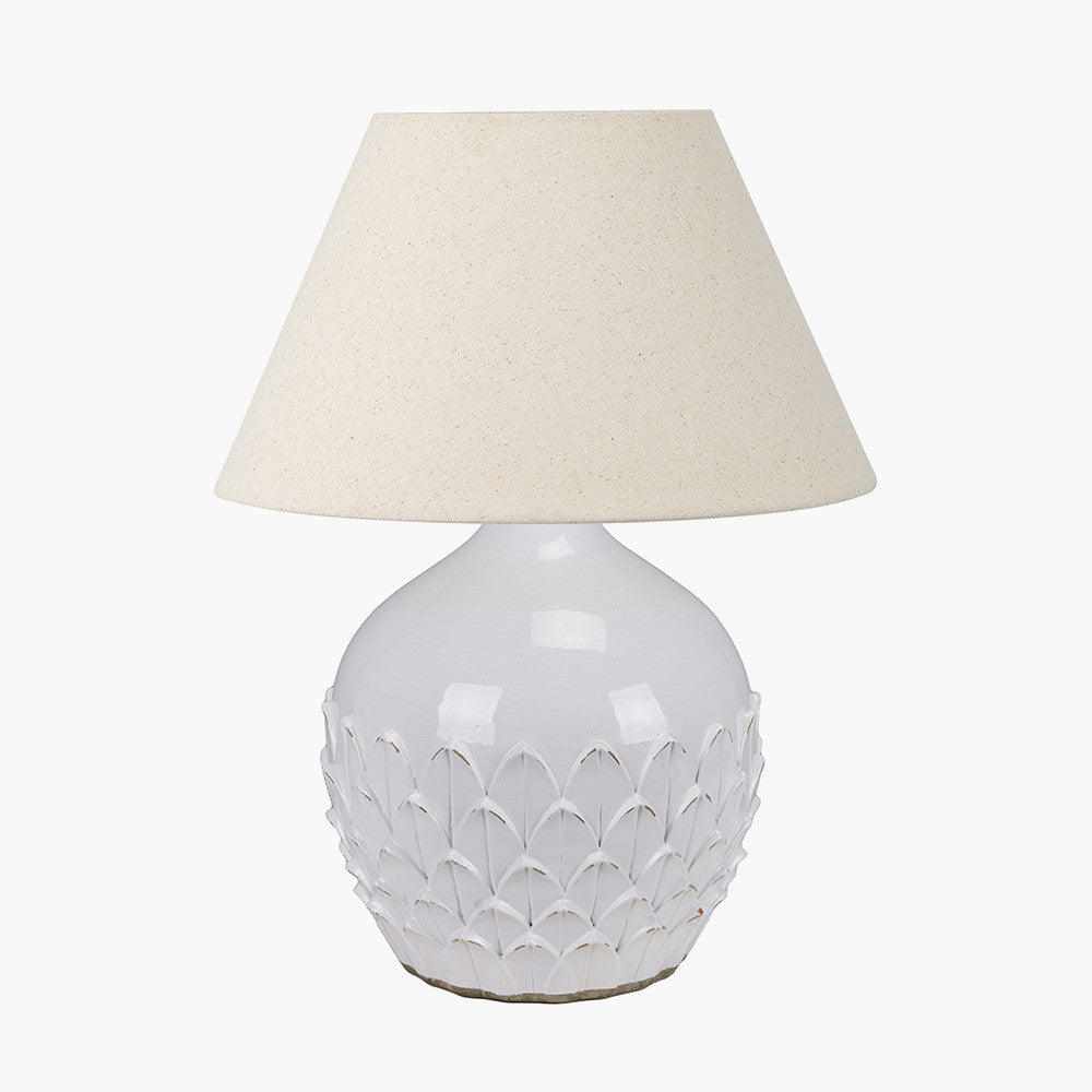 Willow White Leaf Detail Stoneware Table Lamp Base with Seychelles 40cm Cream Slubby Cotton Empire Lampshade