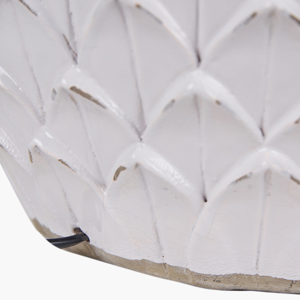 Willow White Leaf Detail Stoneware Table Lamp Base with Lino 40cm Grey Self Lined Linen Cylinder Lampshade