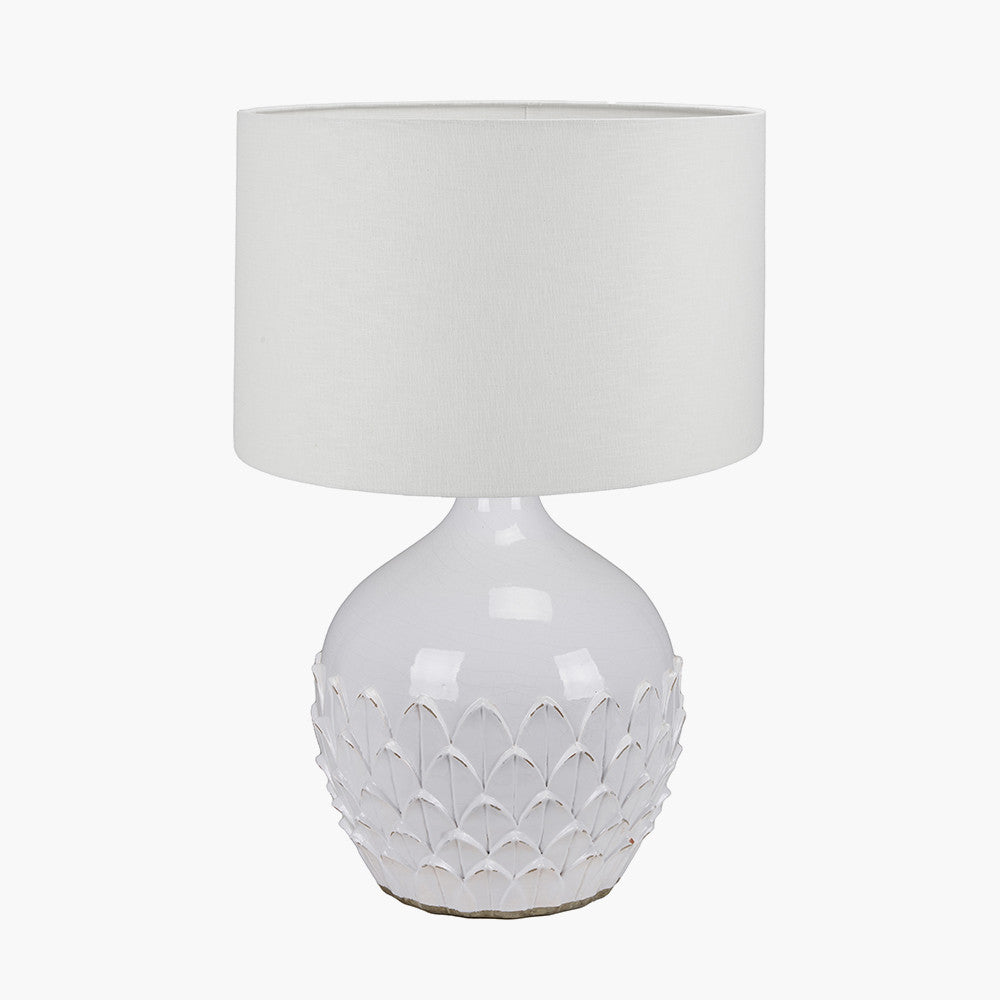 Willow White Leaf Detail Stoneware Table Lamp Base with Lino 40cm White Self Lined Linen Cylinder Lampshade