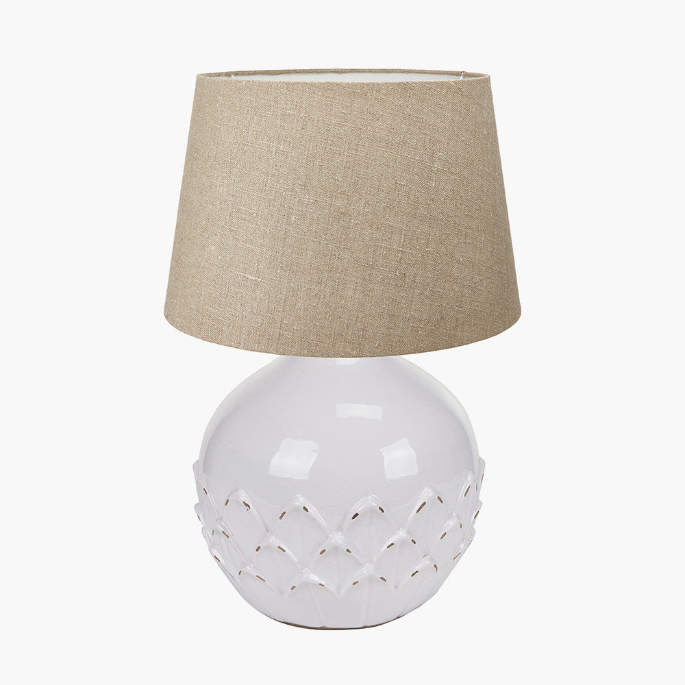 Willow White Leaf Detail Small Stoneware Table Lamp Base with Milos 25cm Natural Linen Tapered Lampshade