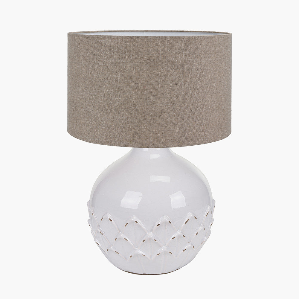 Willow White Leaf Detail Small Stoneware Table Lamp Base with Edward 30cm Natural Linen Cylinder Lampshade