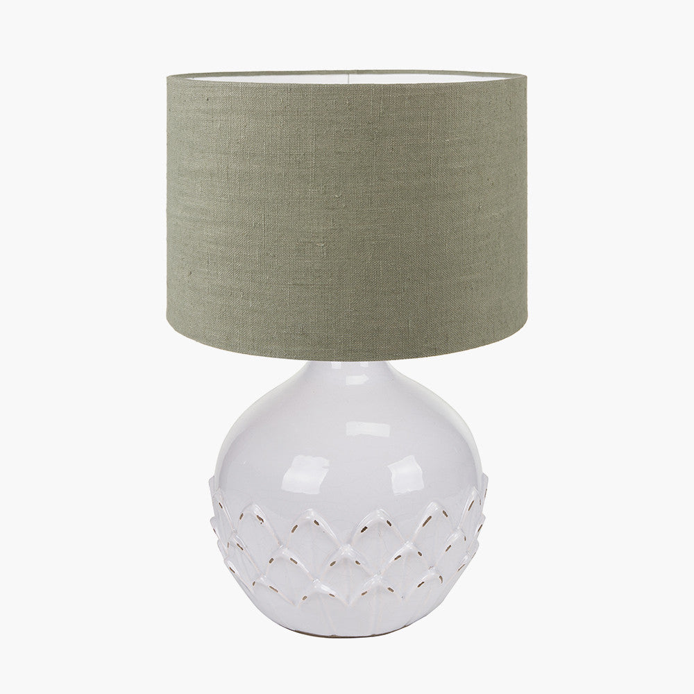 Willow White Leaf Detail Small Stoneware Table Lamp Base with Edward 30cm Pistachio Green Linen Cylinder Lampshade