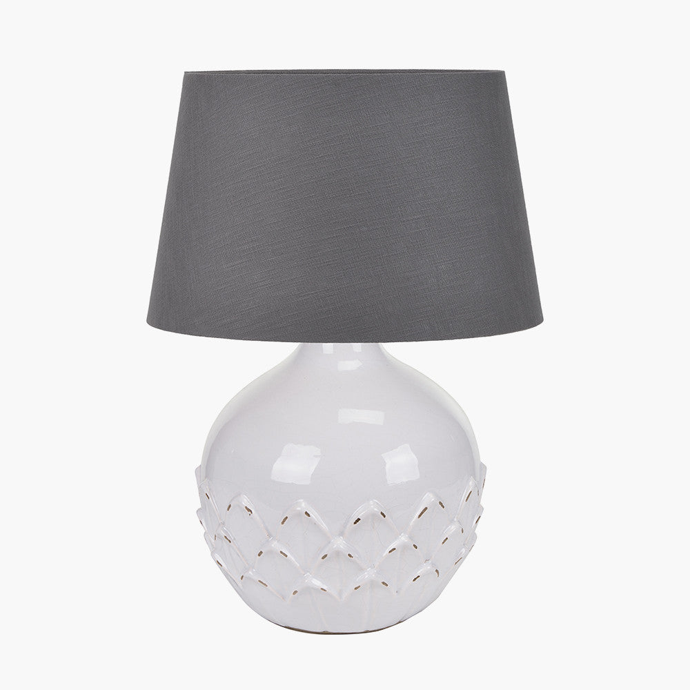 Willow White Leaf Detail Small Stoneware Table Lamp Base with Lys 25cm Steel Grey Self Lined Linen Tapered Lampshade