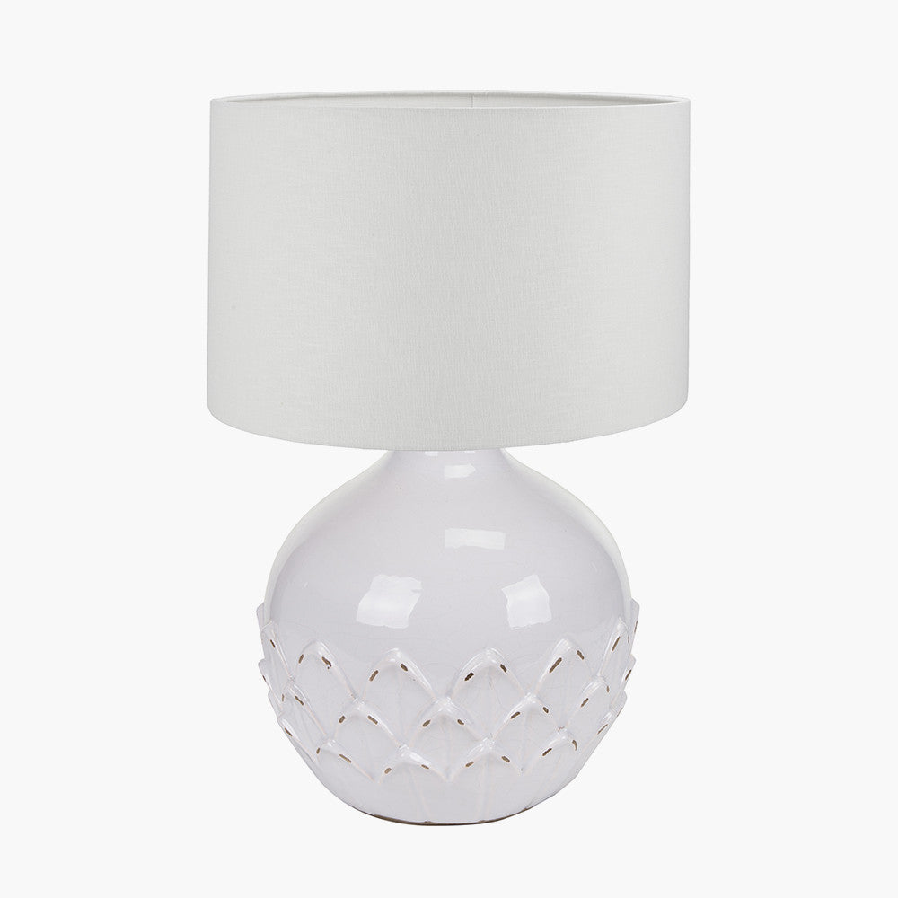 Willow White Leaf Detail Small Stoneware Table Lamp Base with Lino 25cm White Self Lined Linen Cylinder Lampshade