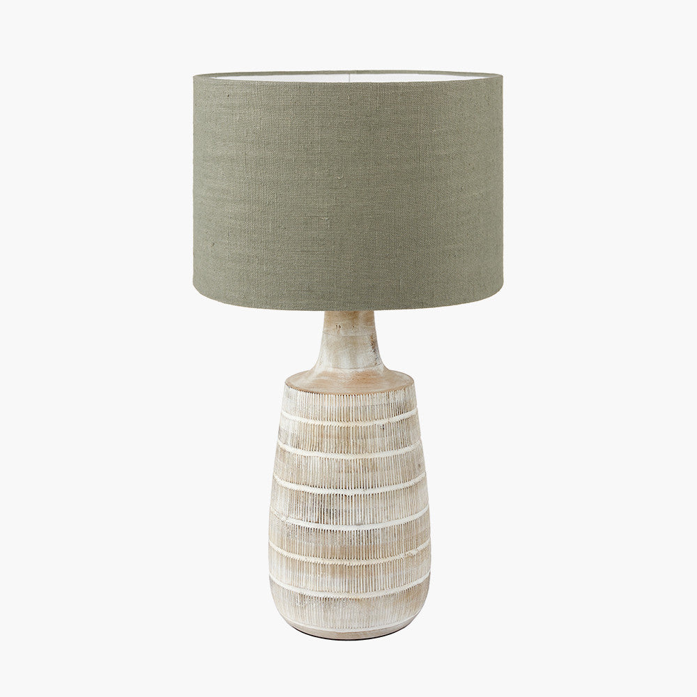 Dambula White Wash Wood Textured Tall Neck Table Lamp Base with Edward 40cm Pistachio Green Linen Cylinder Lampshade