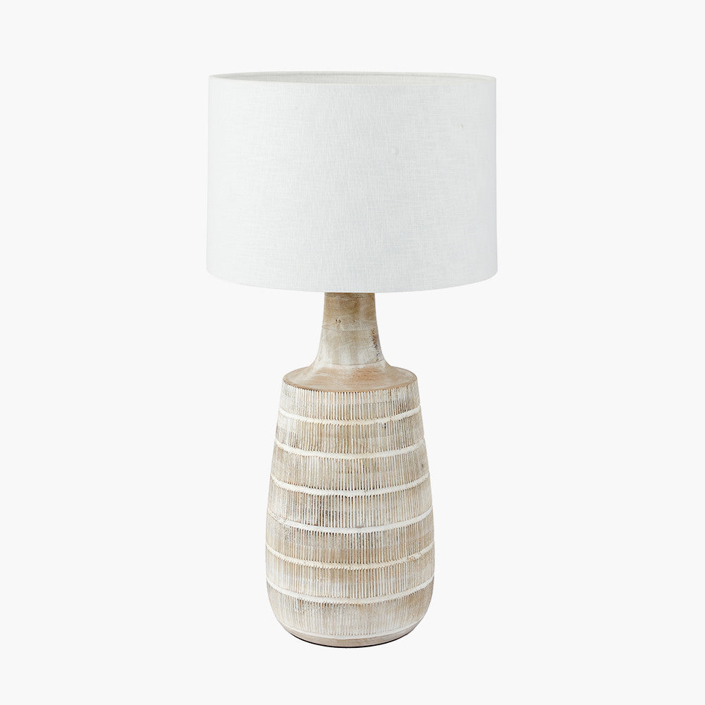 Dambula White Wash Wood Textured Tall Neck Table Lamp Base with Lino 35cm White Self Lined Linen Cylinder Lampshade