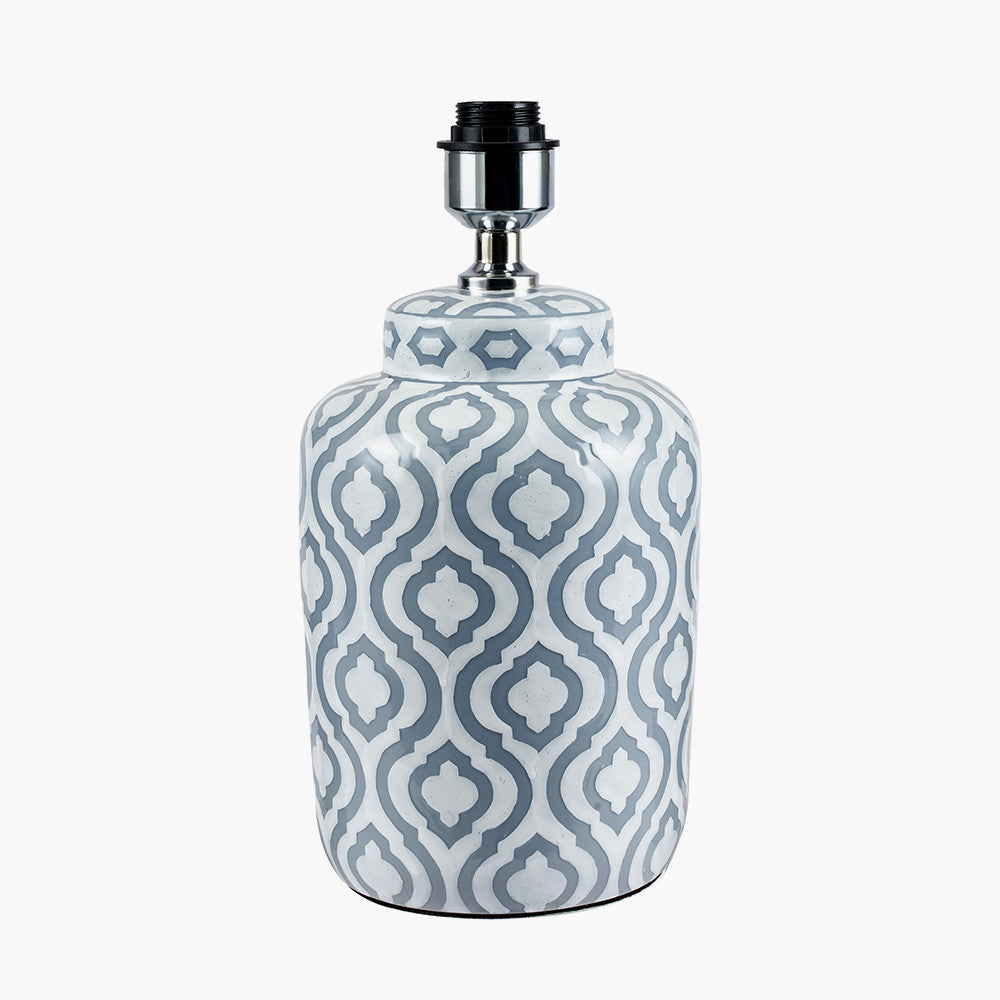 Celia Grey and White Pattern Ceramic Table Lamp Base with Harry 30cm Ivory Cotton Mix Cylinder Lampshade