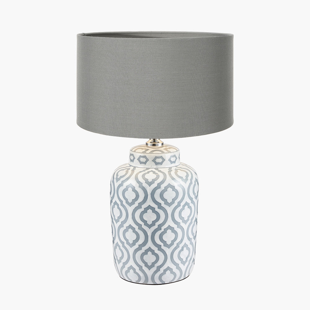 Celia Grey and White Pattern Ceramic Table Lamp Base with Harry 30cm Steel Grey Cotton Mix Cylinder Lampshade