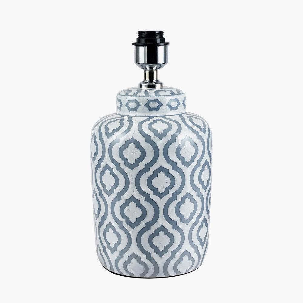 Celia Grey and White Pattern Ceramic Table Lamp Base with Harry 30cm Steel Grey Cotton Mix Cylinder Lampshade