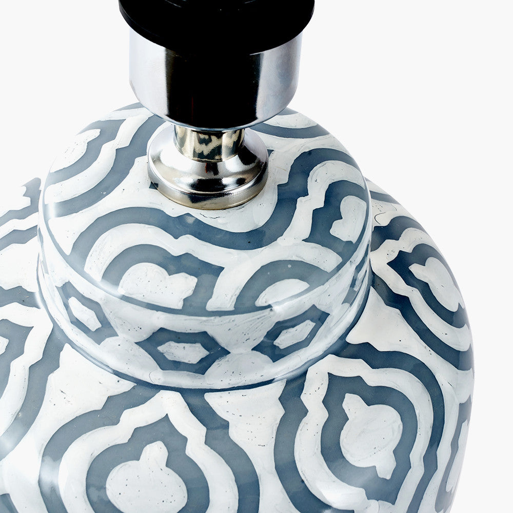 Celia Grey and White Pattern Ceramic Table Lamp Base with Harry 30cm Steel Grey Cotton Mix Cylinder Lampshade