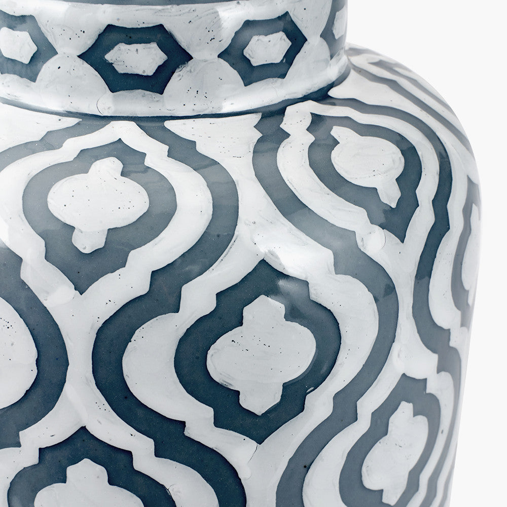 Celia Grey and White Pattern Ceramic Table Lamp Base with Harry 30cm Steel Grey Cotton Mix Cylinder Lampshade