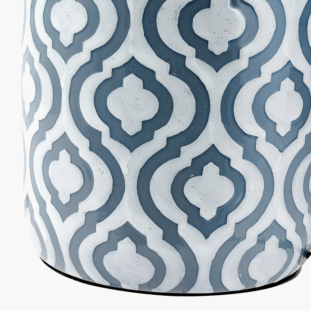 Celia Grey and White Pattern Ceramic Table Lamp Base with Harry 30cm Steel Grey Cotton Mix Cylinder Lampshade