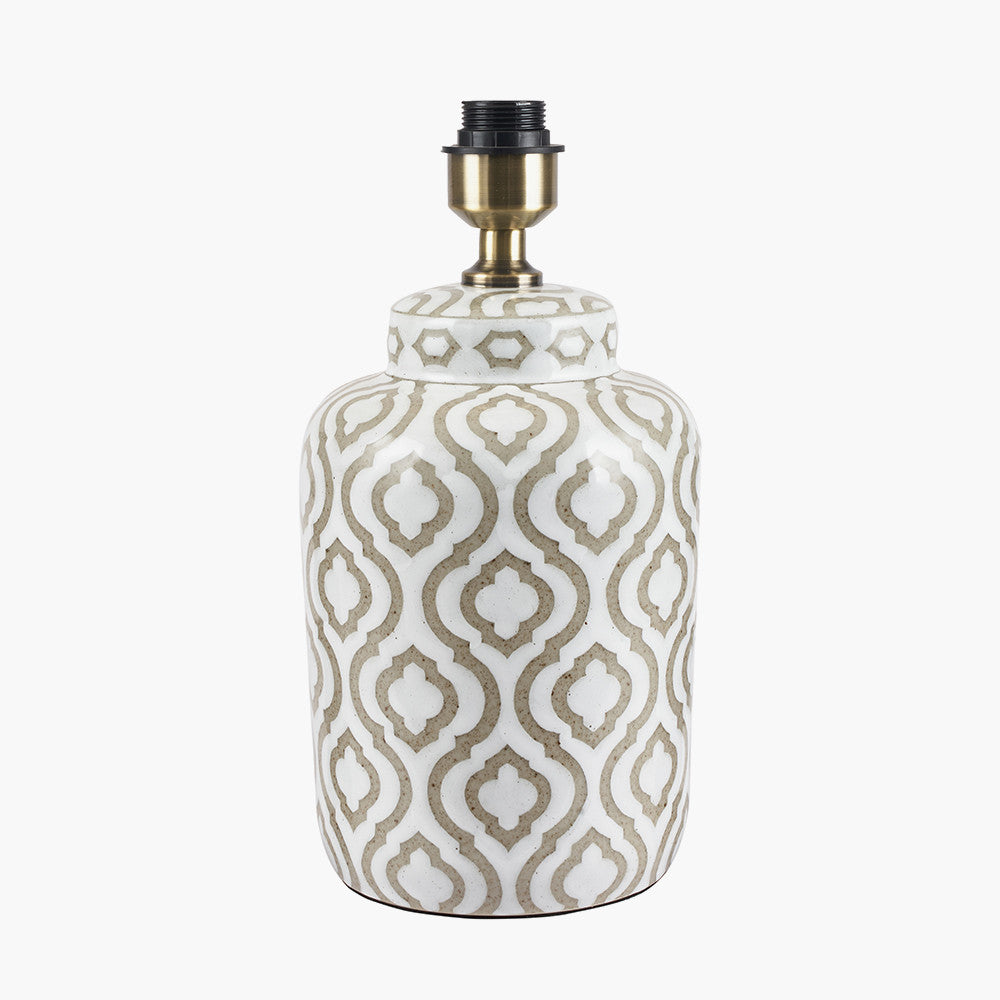 Celia Taupe and White Pattern Ceramic Table Lamp Base with Harry 30cm Ivory Cotton Mix Cylinder Lampshade