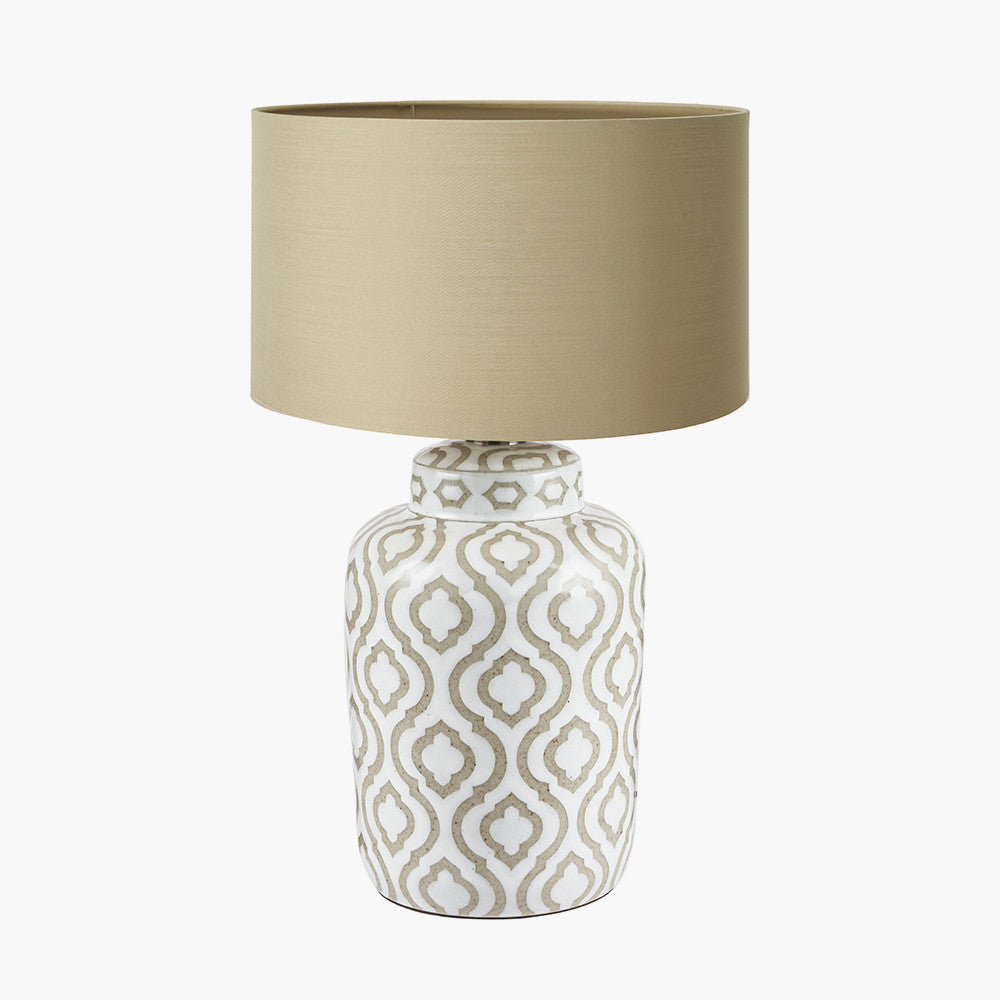 Celia Taupe and White Pattern Ceramic Table Lamp Base with Harry 30cm Taupe Cotton Mix Cylinder Lampshade