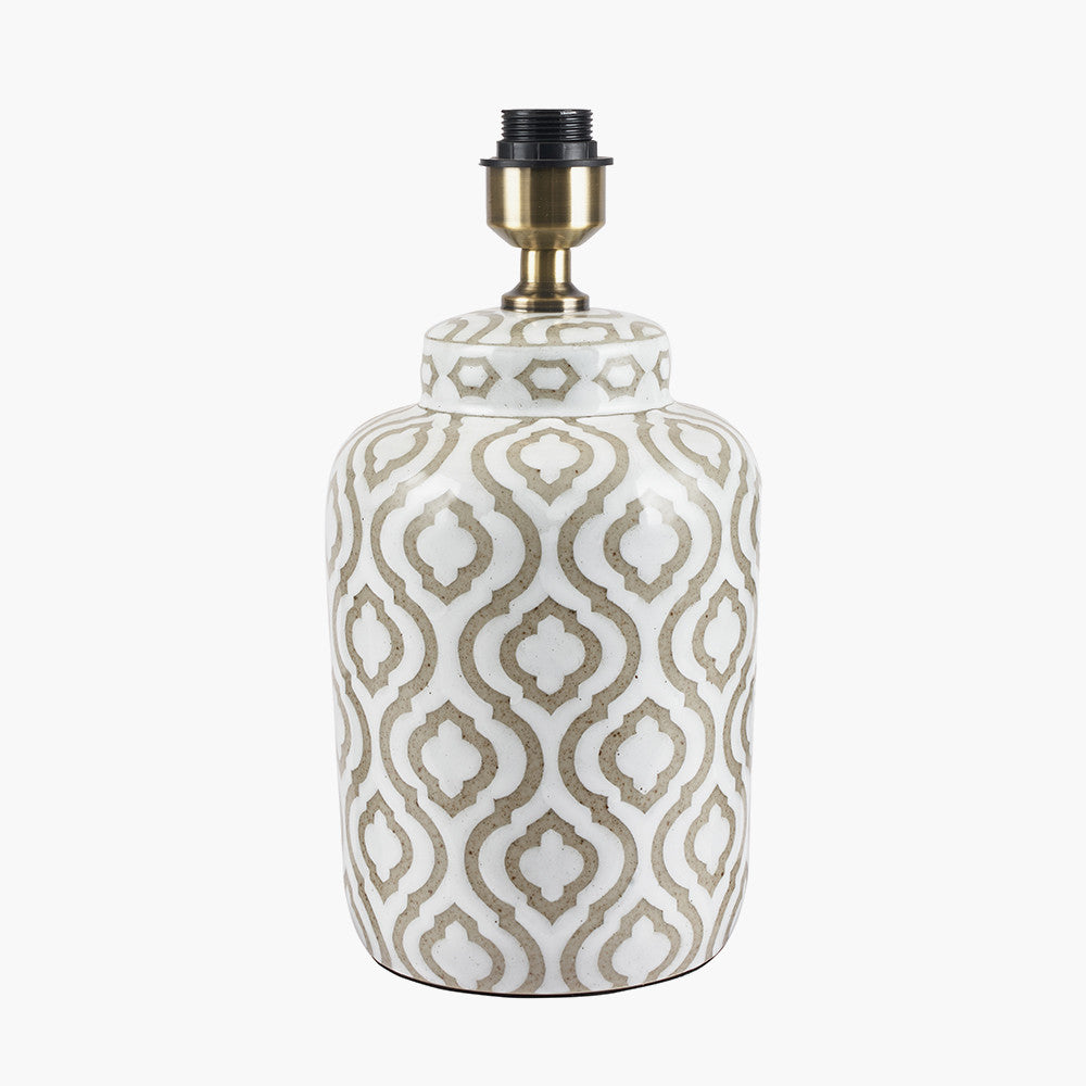 Celia Taupe and White Pattern Ceramic Table Lamp Base with Harry 30cm Taupe Cotton Mix Cylinder Lampshade
