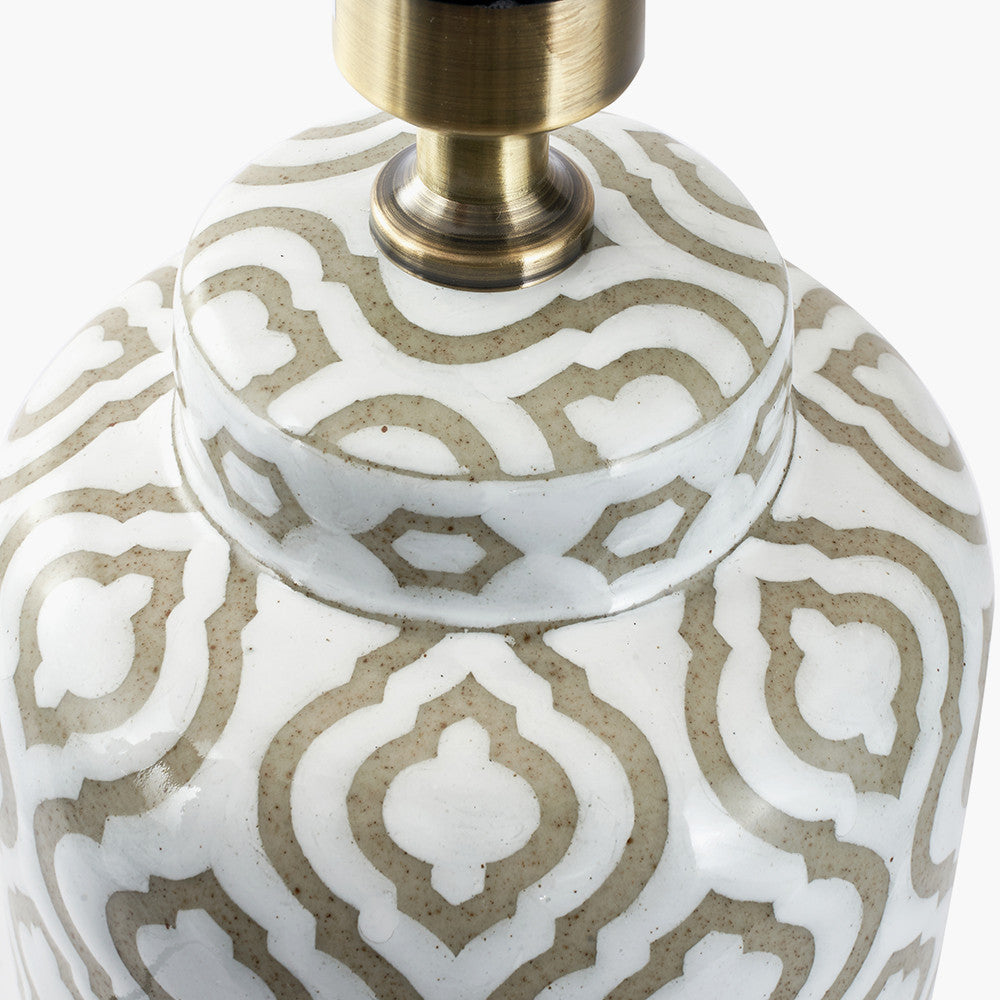 Celia Taupe and White Pattern Ceramic Table Lamp Base with Harry 30cm Taupe Cotton Mix Cylinder Lampshade