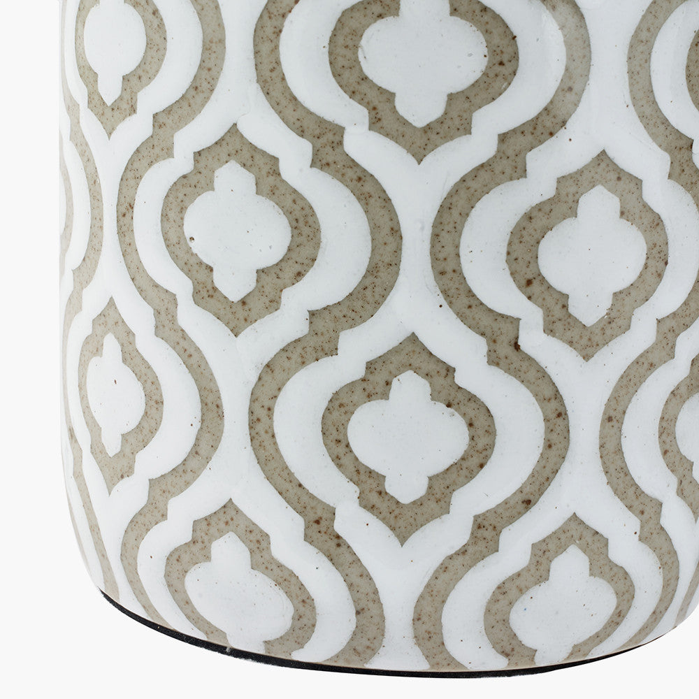 Celia Taupe and White Pattern Ceramic Table Lamp Base with Harry 30cm Taupe Cotton Mix Cylinder Lampshade