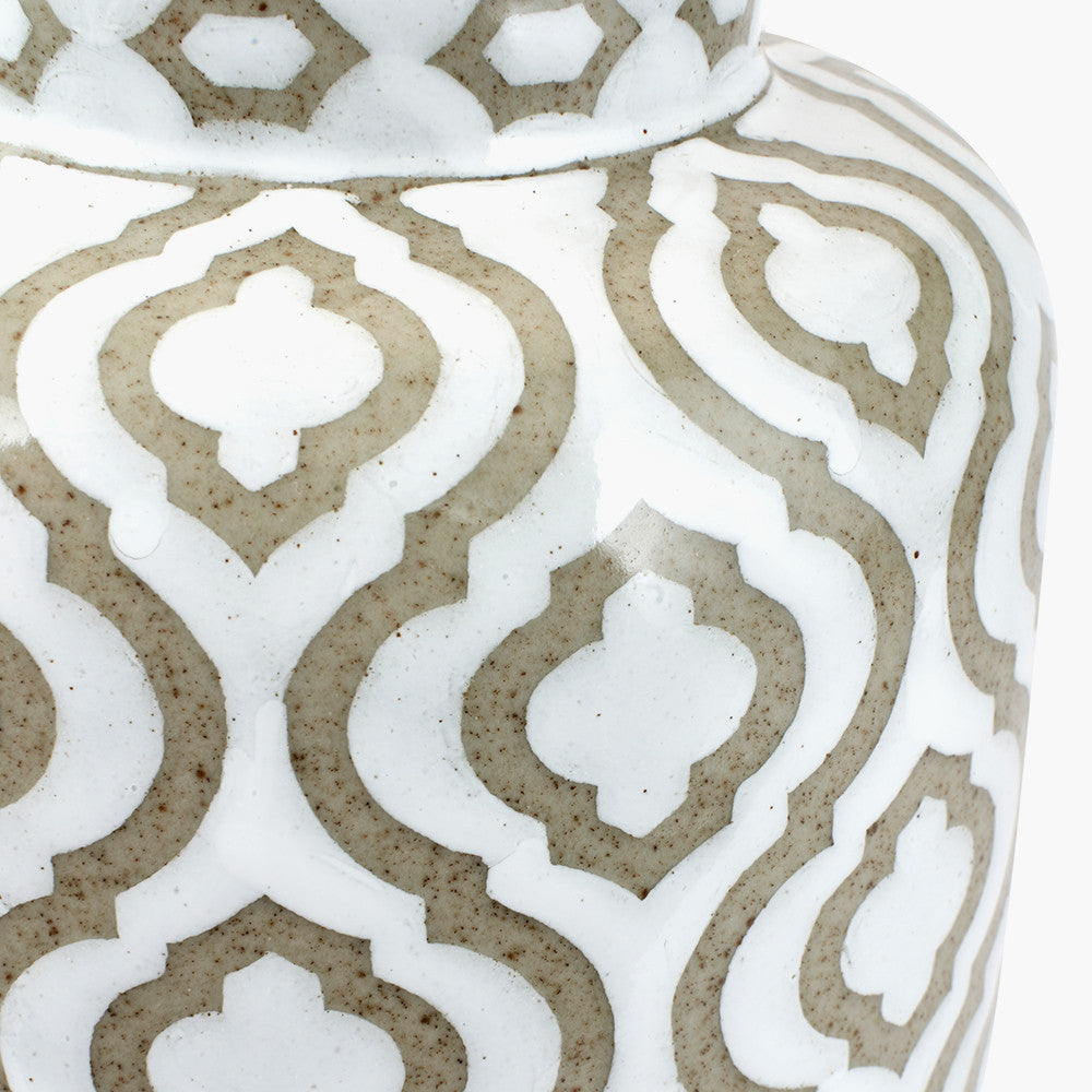 Celia Taupe and White Pattern Ceramic Table Lamp Base with Harry 30cm Taupe Cotton Mix Cylinder Lampshade