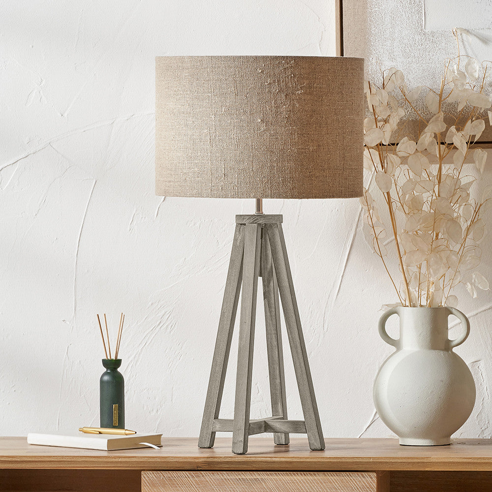 Whitby Grey Wash Wood Tapered 4 Post Table Lamp Base with Edward 35cm Natural Linen Cylinder Lampshade