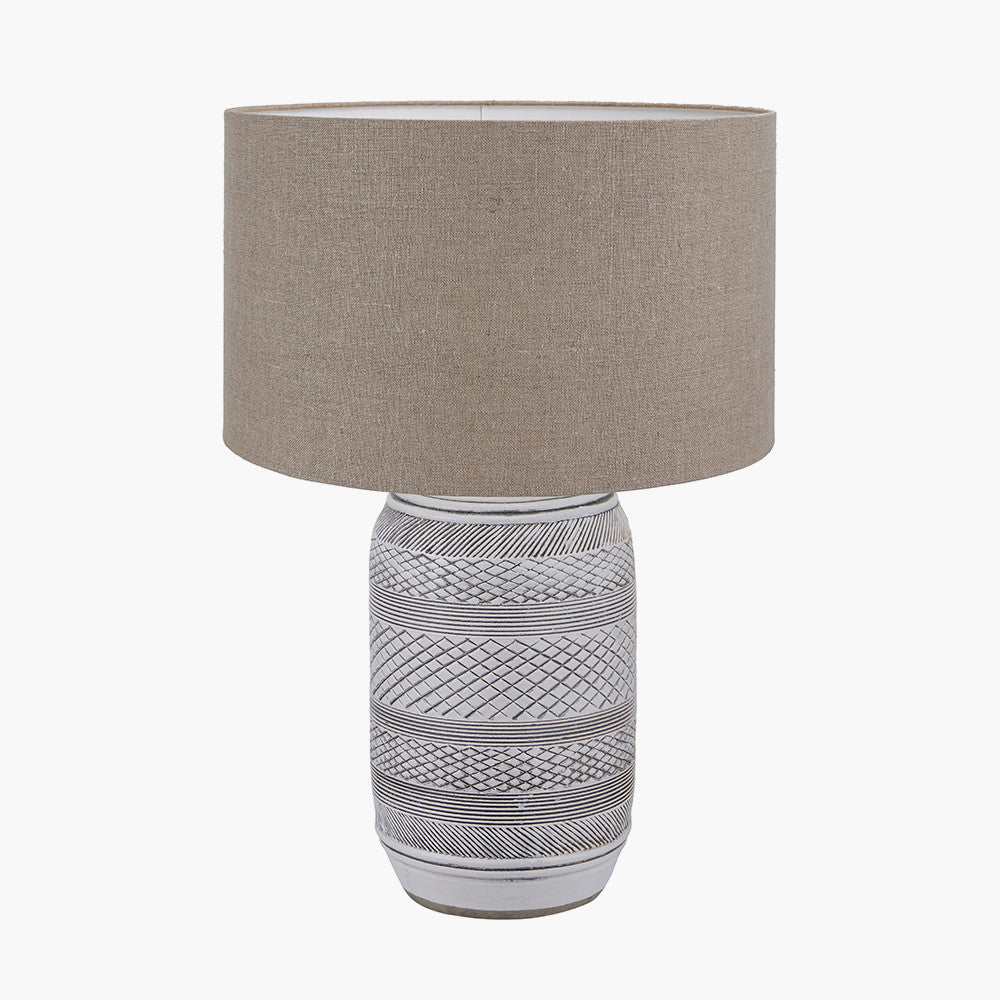 Kira White and Black Textured Stoneware Table Lamp Base with Edward 35cm Natural Linen Cylinder Lampshade