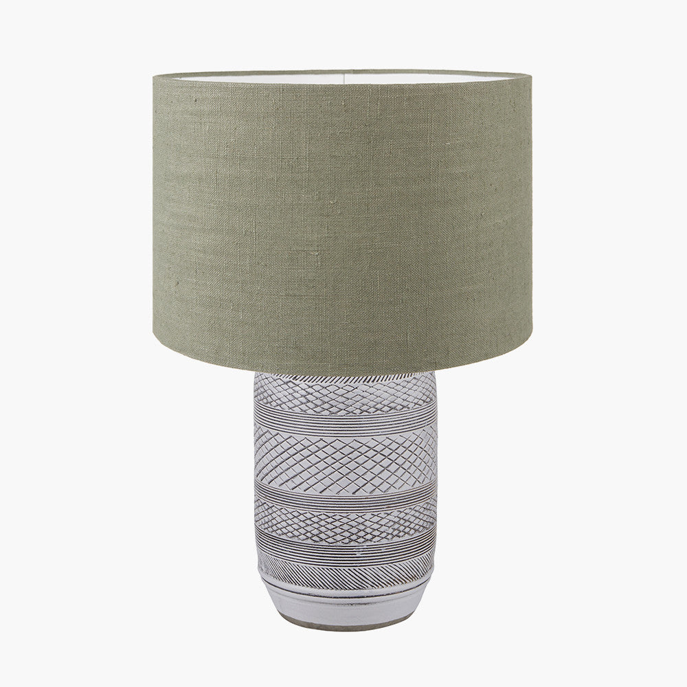 Kira White and Black Textured Stoneware Table Lamp Base with Edward 35cm Pistachio Green Linen Cylinder Lampshade