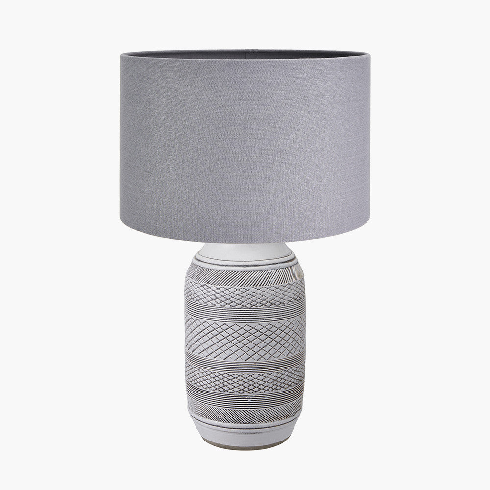 Kira White and Black Textured Stoneware Table Lamp Base with Lino 35cm Steel Grey Self Lined Linen Cylinder Lampshade