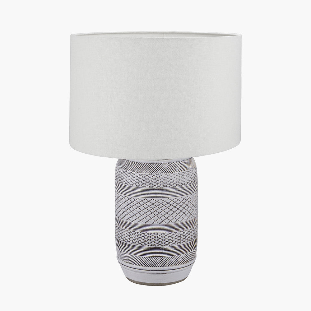Kira White and Black Textured Stoneware Table Lamp Base with Lino 35cm White Self Lined Linen Cylinder Lampshade