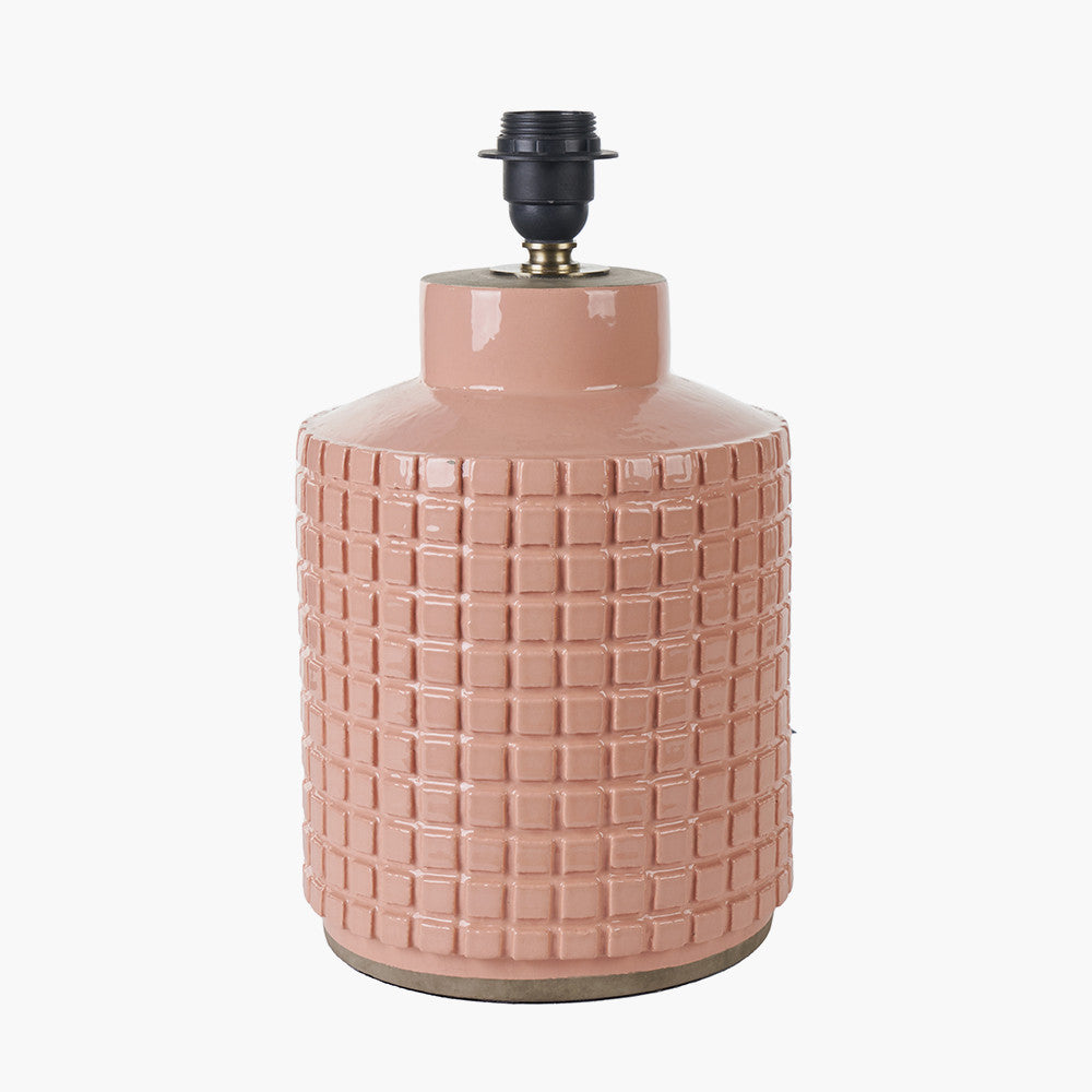 Malone Textured Apricot Squares Design Stoneware Table Lamp Base with Lino 35cm Cream Self Lined Linen Cylinder Lampshade