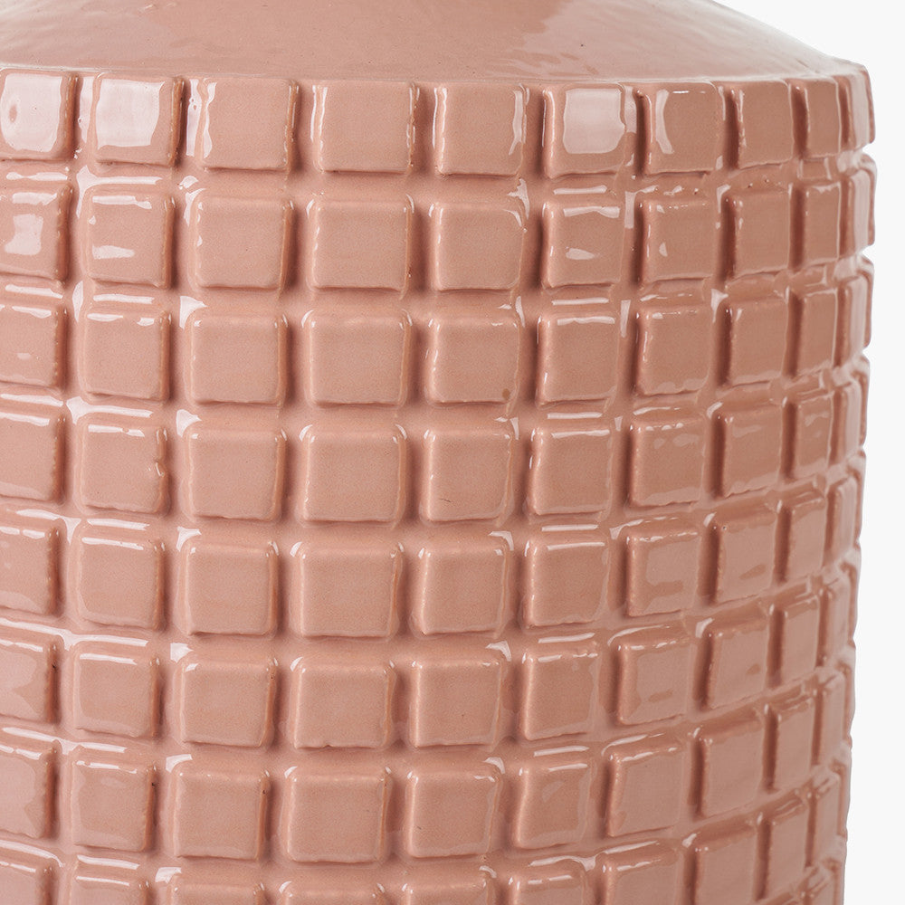 Malone Textured Apricot Squares Design Stoneware Table Lamp Base with Lino 40cm Cream Self Lined Linen Cylinder Lampshade