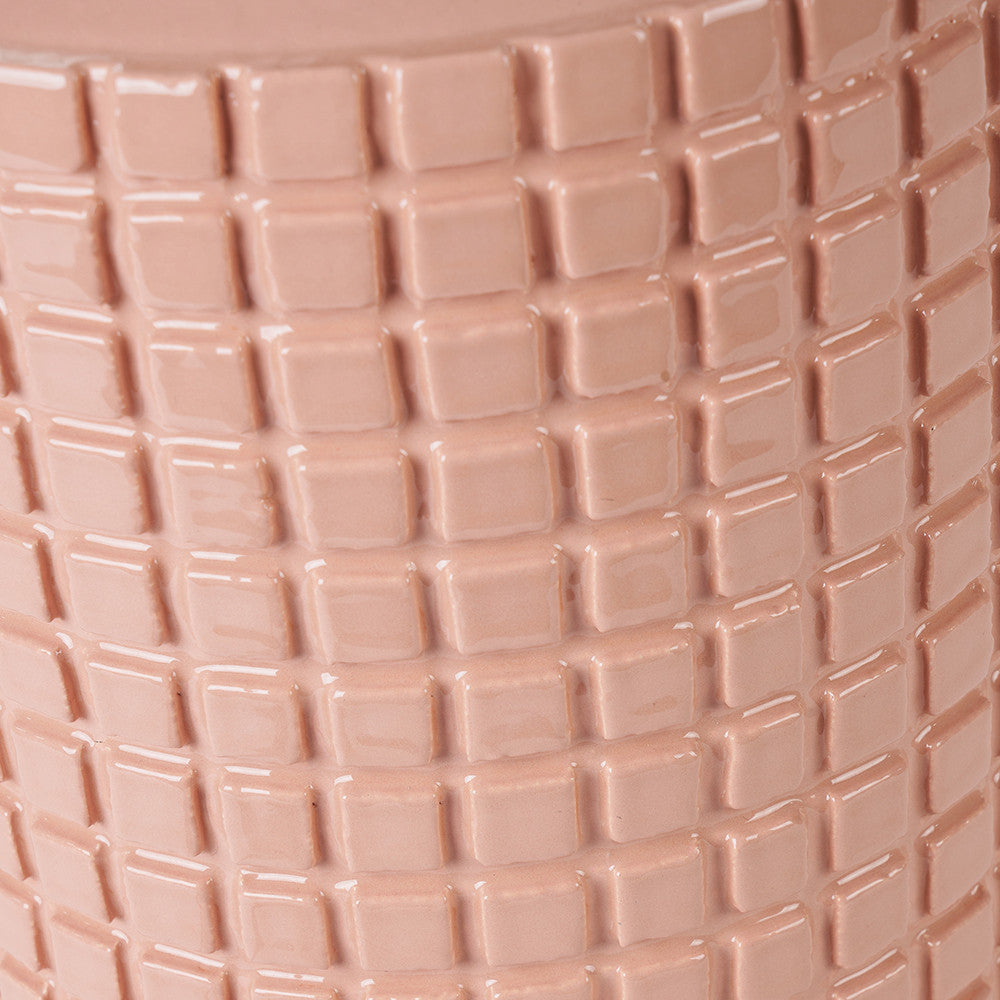 Malone Textured Apricot Squares Design Stoneware Table Lamp Base with Lino 40cm Cream Self Lined Linen Cylinder Lampshade
