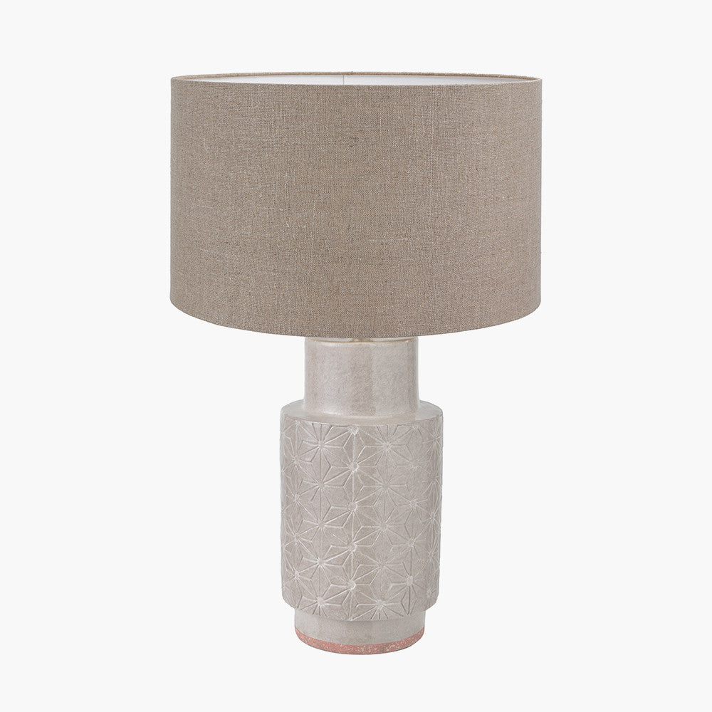 Sidra Grey Stoneware Etch Detail Table Lamp Base with Edward 35cm Natural Linen Cylinder Lampshade