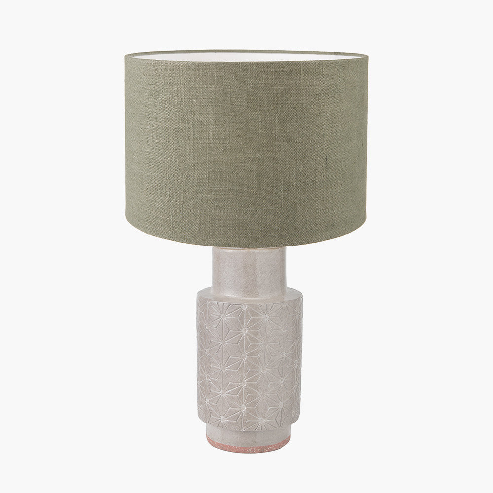 Sidra Grey Stoneware Etch Detail Table Lamp Base with Edward 35cm Pistachio Green Linen Cylinder Lampshade