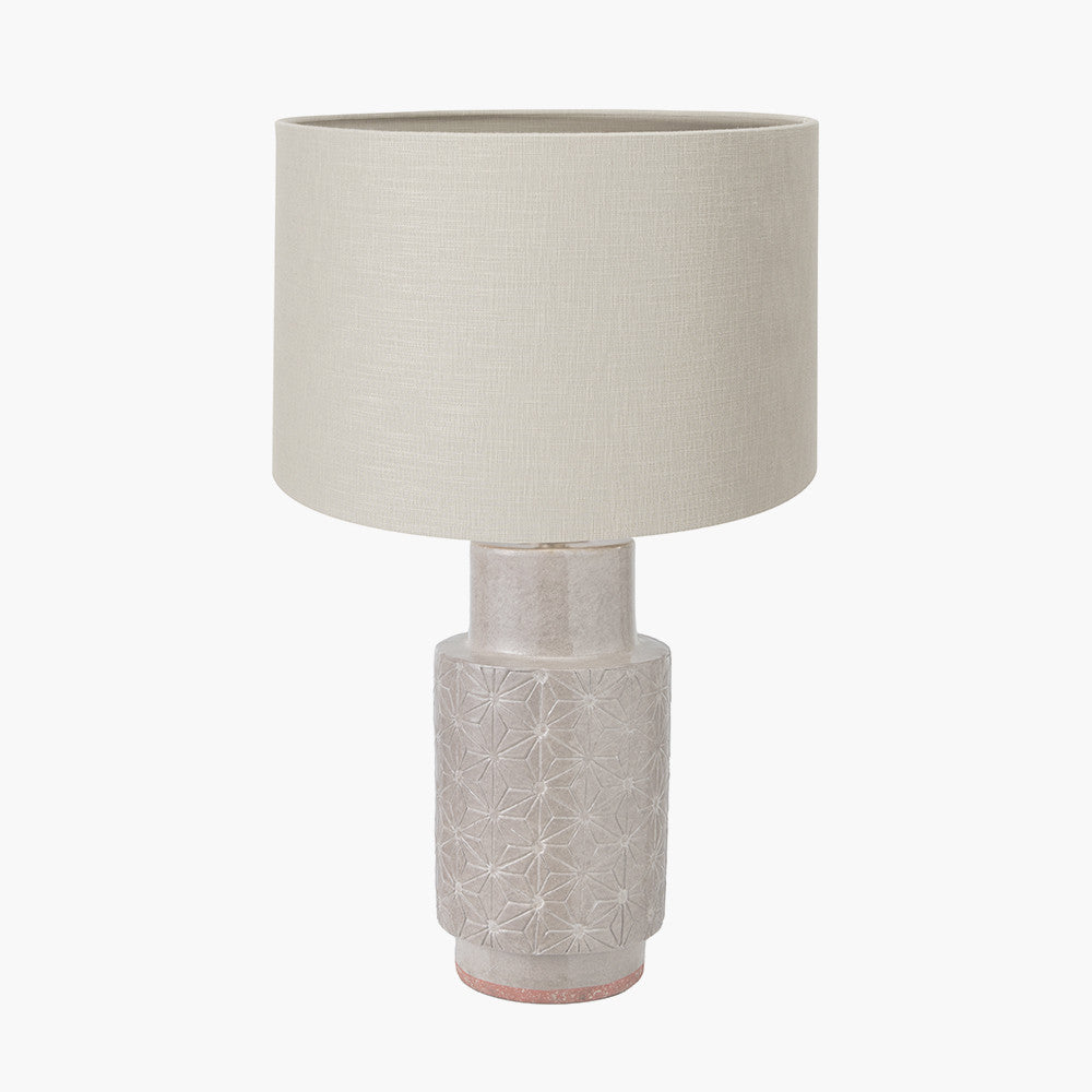 Sidra Grey Stoneware Etch Detail Table Lamp Base with Lino 35cm Grey Self Lined Linen Cylinder Lampshade