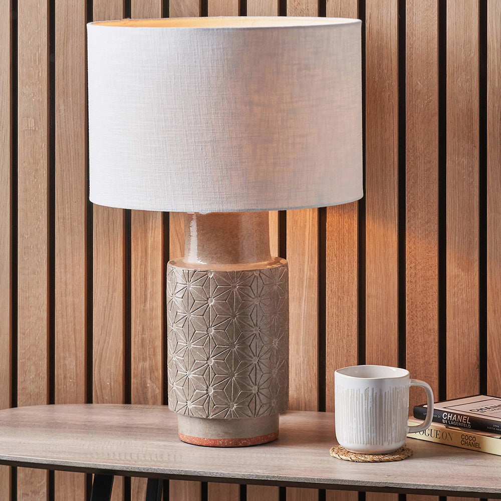 Sidra Grey Stoneware Etch Detail Table Lamp Base with Lino 35cm White Self Lined Linen Cylinder Lampshade