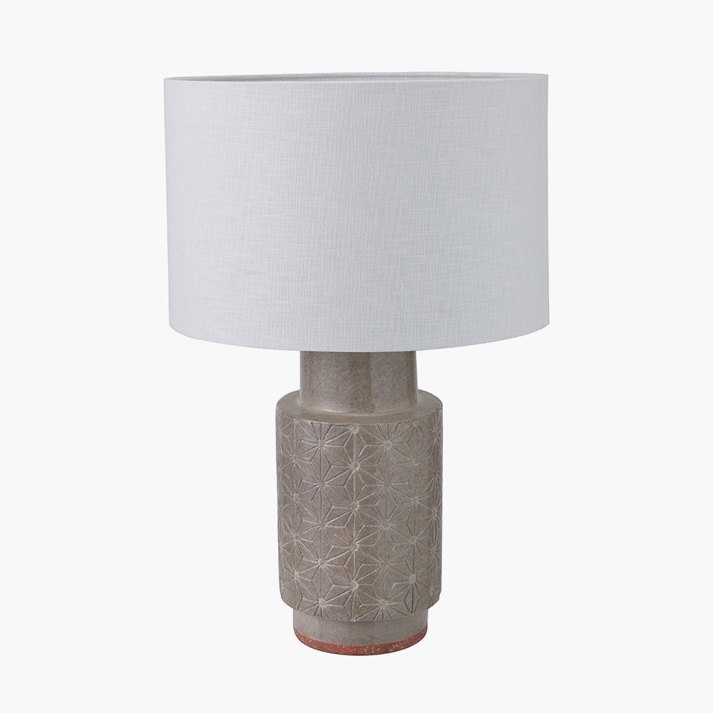 Sidra Grey Stoneware Etch Detail Table Lamp Base with Lino 35cm White Self Lined Linen Cylinder Lampshade