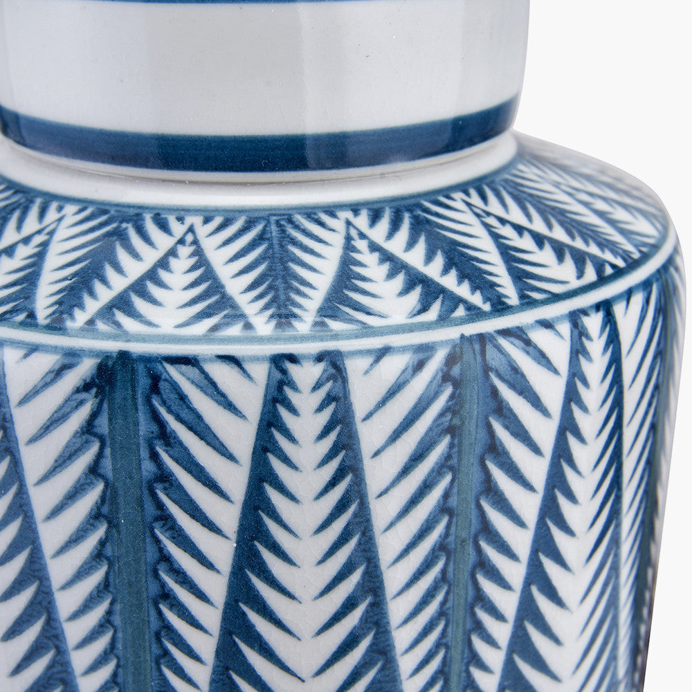 Samara Blue and White Aztec Pattern Ceramic Table Lamp Base with Winston 35cm White Handloom Tapered Lampshade