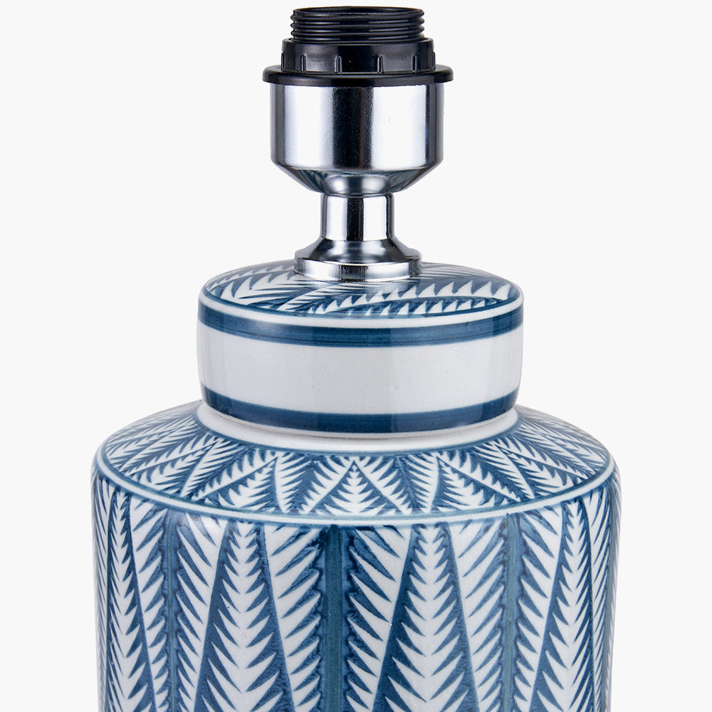 Samara Blue and White Aztec Pattern Ceramic Table Lamp Base with Winston 35cm White Handloom Tapered Lampshade