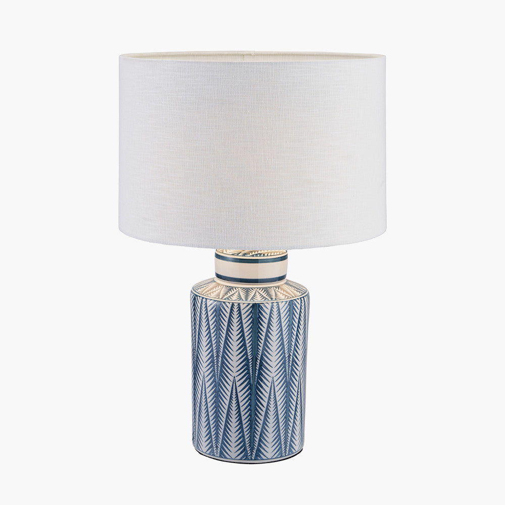 Samara Blue and White Aztec Pattern Ceramic Table Lamp Base with Lino 35cm White Self Lined Linen Cylinder Lampshade