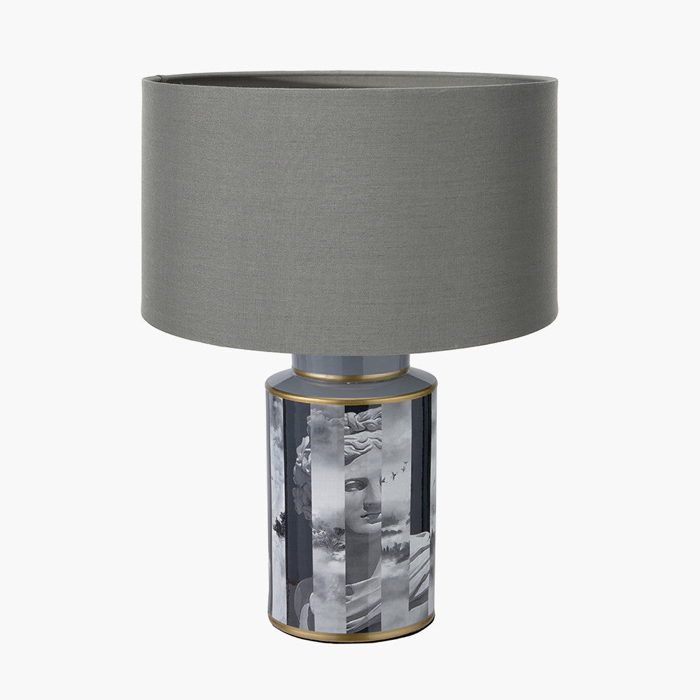 Fenella Black and White Photographic Design Table Lamp Base with Harry 35cm Steel Grey Cotton Mix Cylinder Lampshade