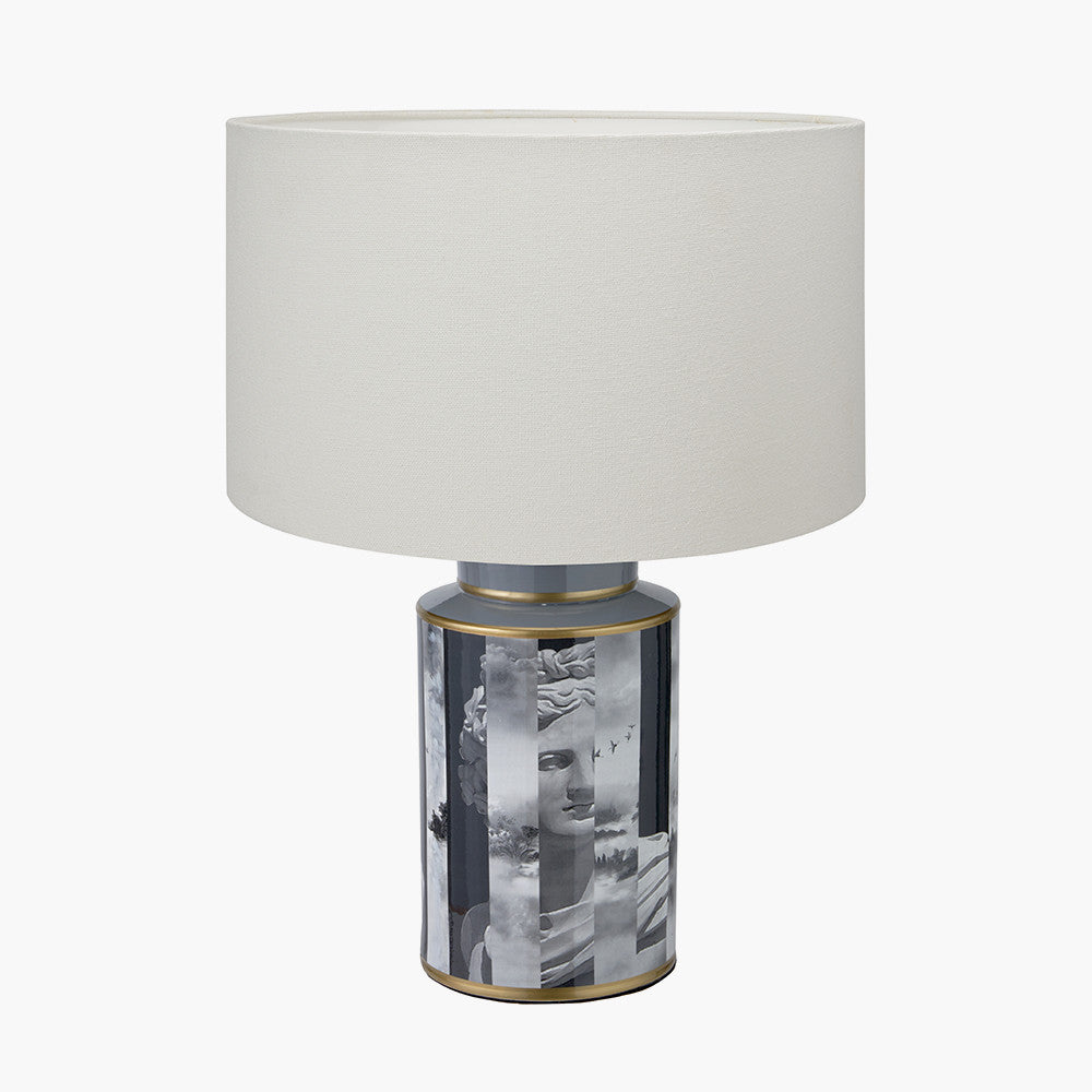 Fenella Black and White Photographic Design Table Lamp Base with Henry 35cm White Handloom Cylinder Lampshade