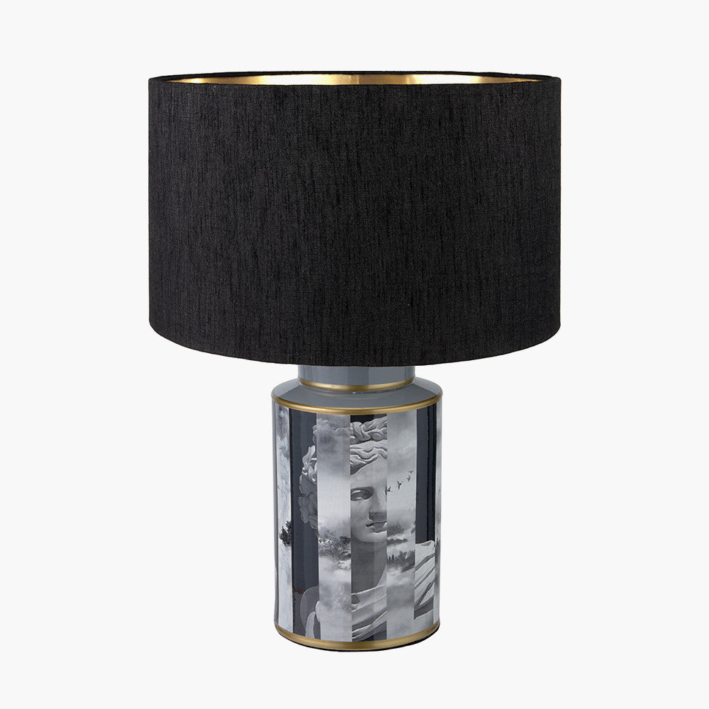 Fenella Black and White Photographic Design Table Lamp Base with Stellan 35cm Black Slubbed Silk Mix Gold Lined Cylinder Lampshade
