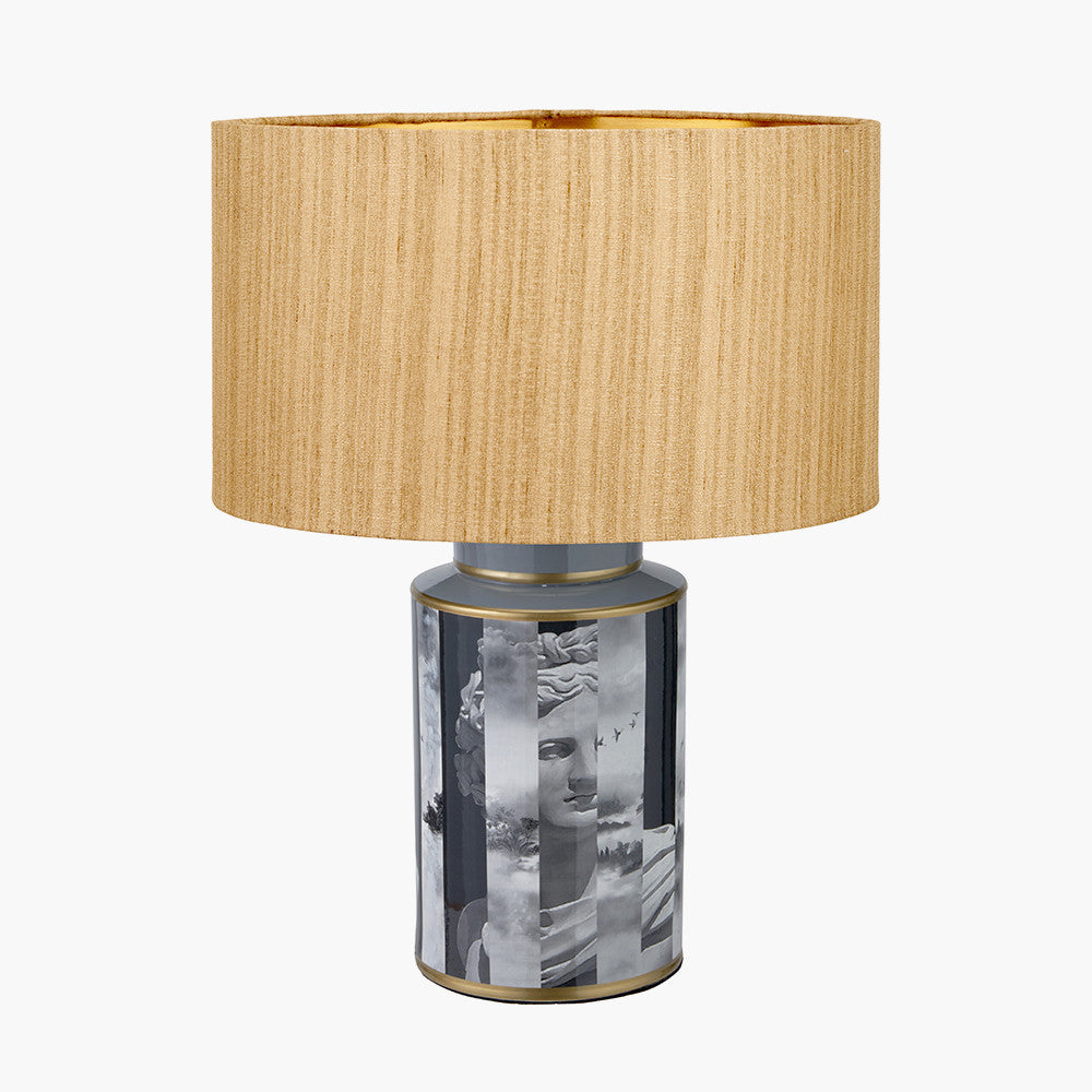 Fenella Black and White Photographic Design Table Lamp Base with Stellan 35cm Gold Slubbed Silk Mix Gold Lined Cylinder Lampshade
