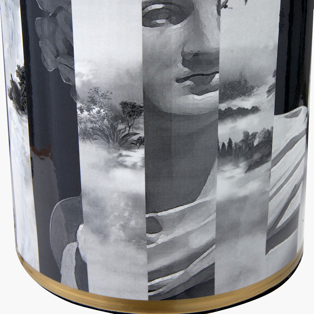 Fenella Black and White Photographic Design Table Lamp Base with Stellan 35cm Gold Slubbed Silk Mix Gold Lined Cylinder Lampshade