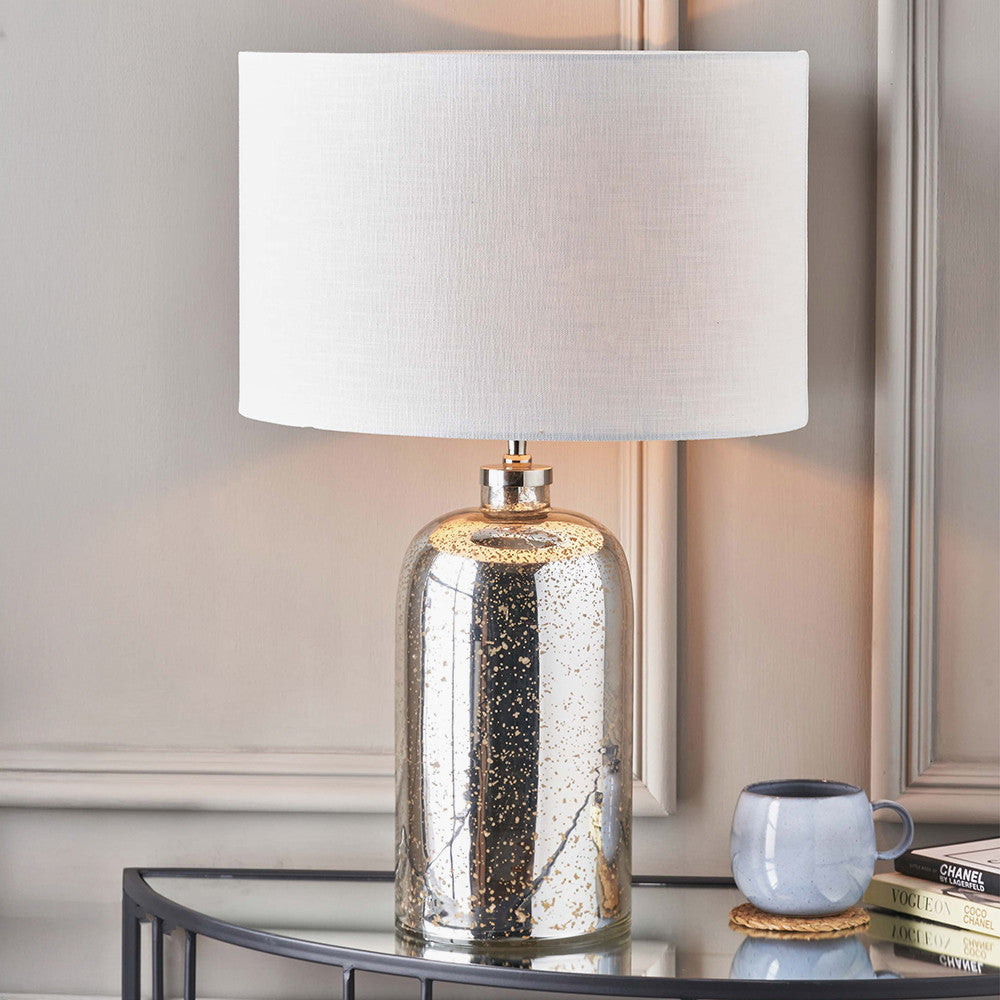 Ophelia Mercurial Glass Table Lamp Base with Lino 40cm White Self Lined Linen Cylinder Lampshade