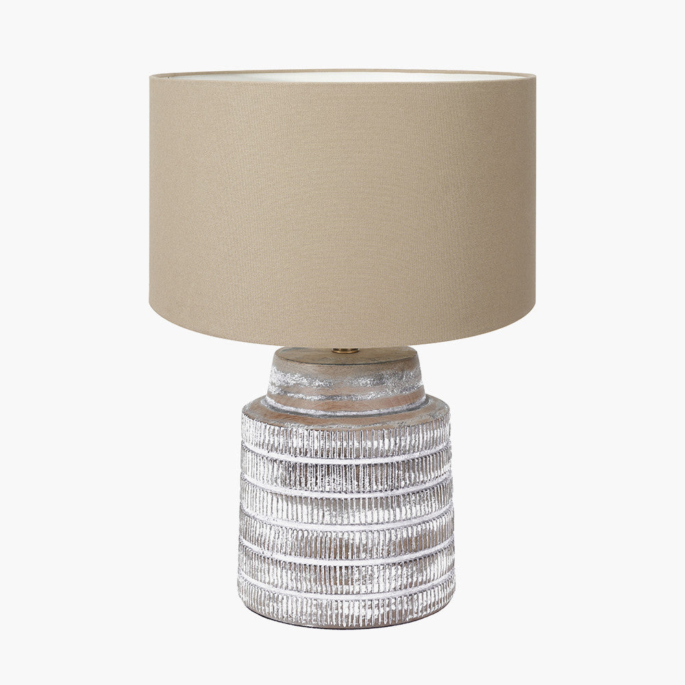 Paihia White Wash Wood Textured Short Table Lamp Base with Henry 30cm Taupe Handloom Cylinder Lampshade